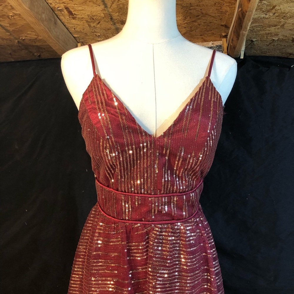 Burgundy Gold Sequin Prom A-Line  Maxi Bridesmaid Formal Dress Size Small XS